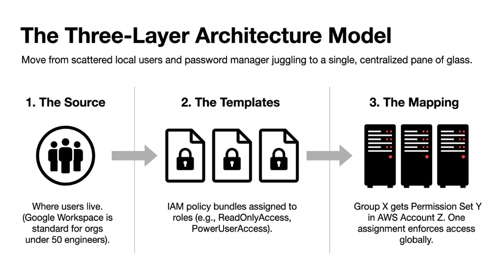 The Three-Layer Architecture Model for AWS SSO showing the Source where users live in Google Workspace or Okta, the Templates as IAM policy bundles assigned to roles like ReadOnlyAccess and PowerUserAccess, and the Mapping where Group X gets Permission Set Y in AWS Account Z with one assignment enforcing access globally