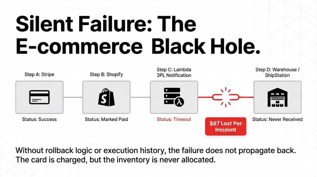 AWS Step Functions e-commerce silent failure diagram showing a 4-step order pipeline from Stripe payment to Shopify to Lambda 3PL notification to warehouse with Step C timing out and losing 87 dollars per incident because without rollback logic or execution history the card is charged but inventory is never allocated
