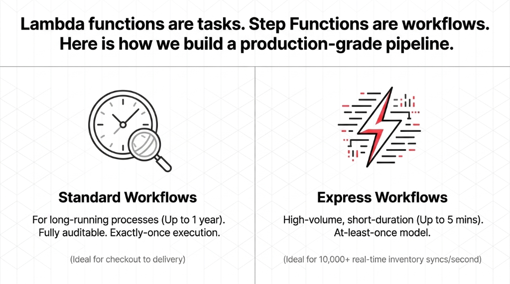 AWS Step Functions Standard vs Express Workflows comparison showing Standard Workflows for long-running processes up to 1 year with fully auditable exactly-once execution ideal for checkout to delivery versus Express Workflows for high-volume short-duration up to 5 minutes with at-least-once model ideal for 10000 plus real-time inventory syncs per second