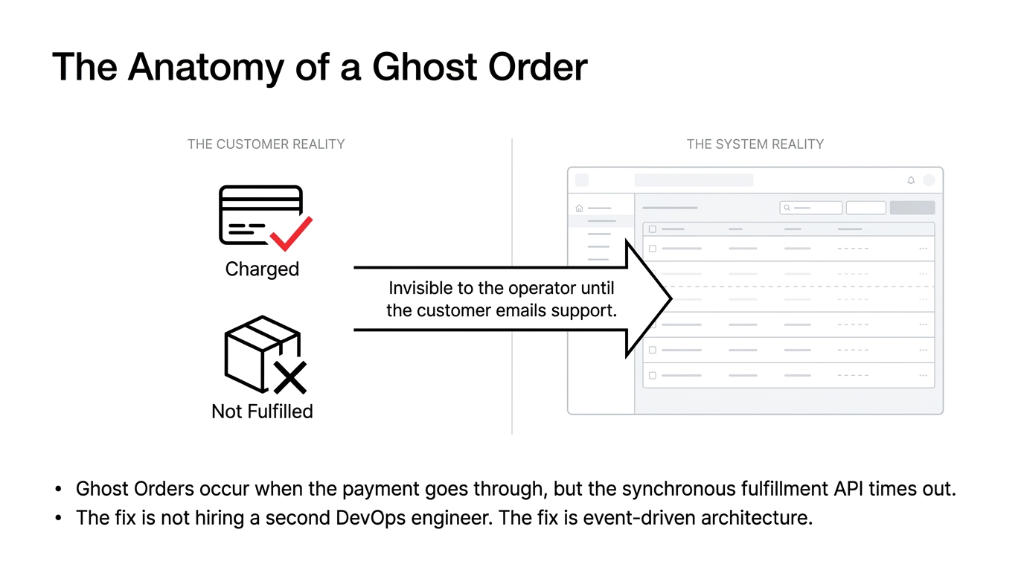 Ghost order anatomy diagram showing customer charged but order not fulfilled because synchronous fulfillment API times out invisible to operator until customer emails support