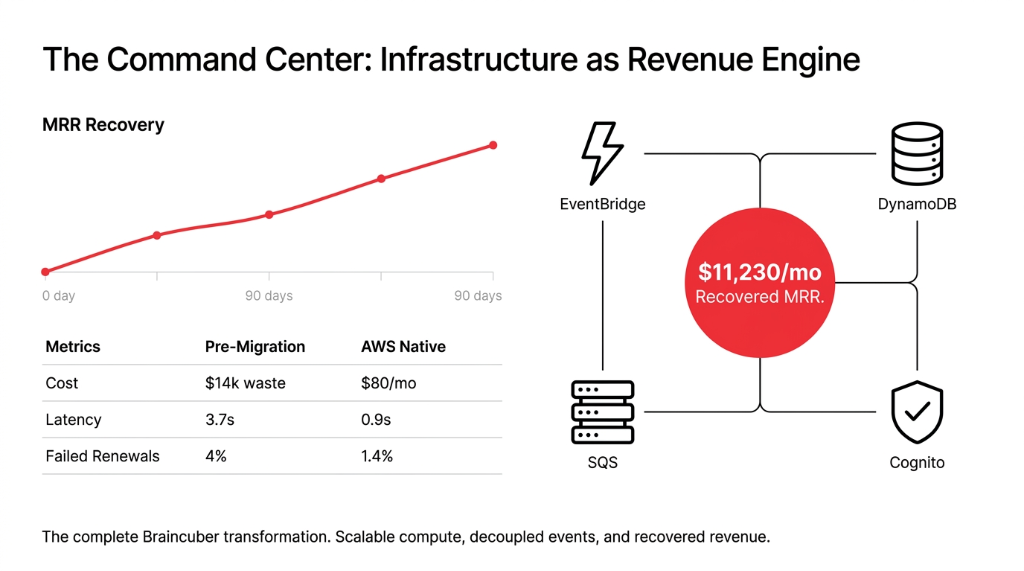 AWS subscription box architecture showing EventBridge DynamoDB SQS Cognito with $11,230 per month MRR recovery graph over 90 days