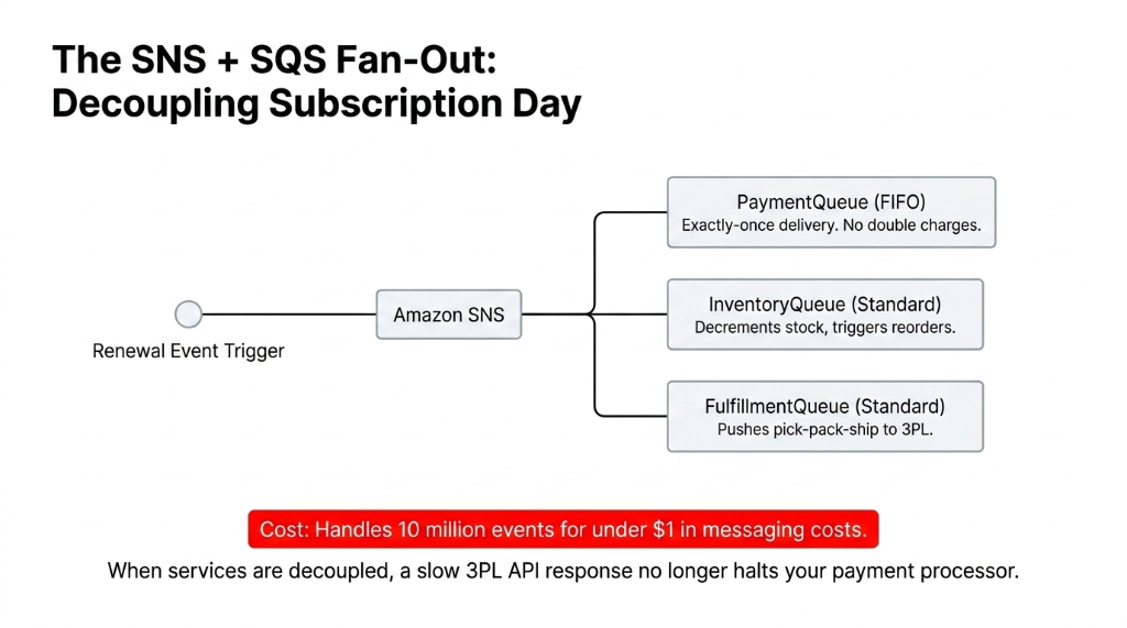 SNS plus SQS fan-out architecture diagram showing renewal event trigger flowing to PaymentQueue FIFO InventoryQueue and FulfillmentQueue handling 10 million events for under 1 dollar