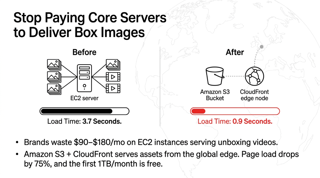 Before and after comparison showing EC2 server at 3.7 second load time versus Amazon S3 plus CloudFront at 0.9 second load time for subscription box images