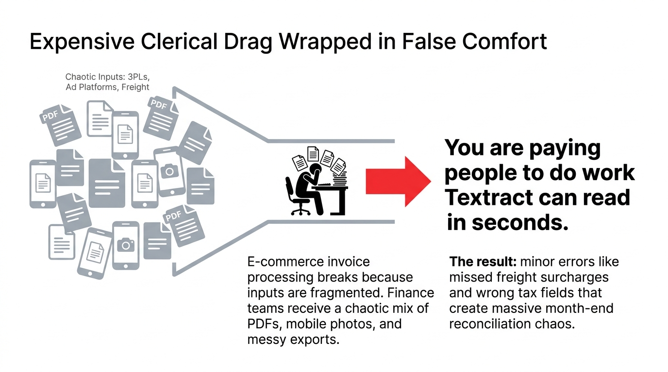 Expensive clerical drag showing chaotic inputs from 3PLs ad platforms and freight flowing into a stressed finance worker with the message that you are paying people to do work Textract can read in seconds