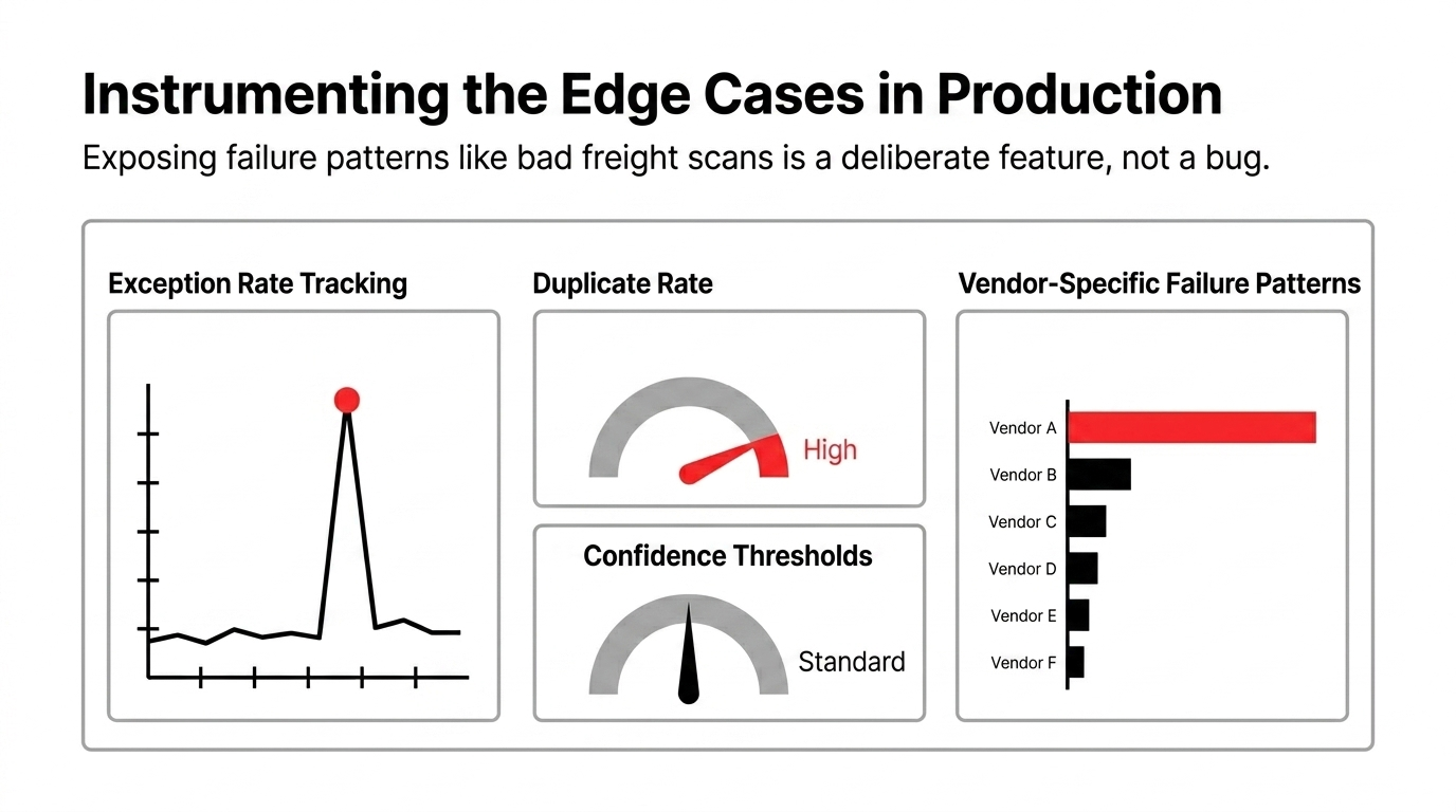 Instrumenting the edge cases in production showing exception rate tracking duplicate rate confidence thresholds and vendor-specific failure patterns with the message that exposing failure patterns like bad freight scans is a deliberate feature not a bug