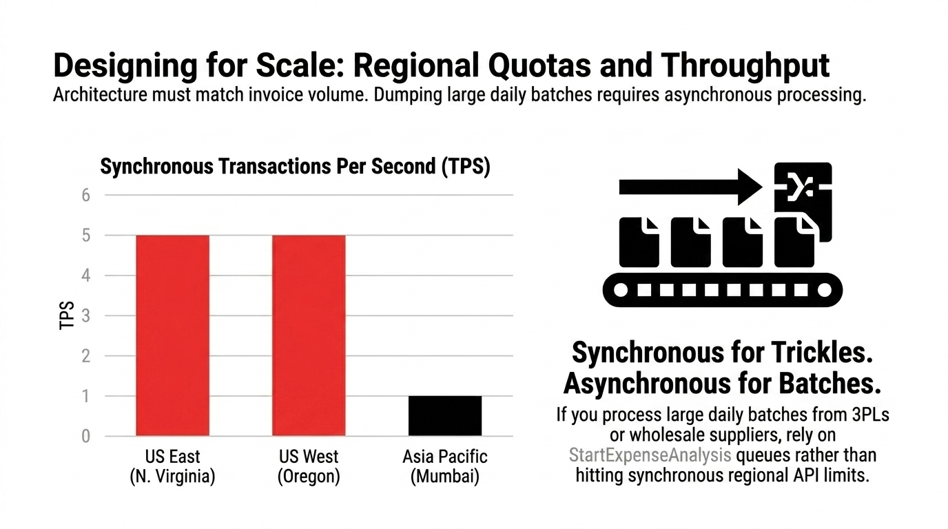 Designing for scale showing regional TPS quotas with US East and US West at 5 TPS versus Asia Pacific Mumbai at 1 TPS and the message synchronous for trickles asynchronous for batches
