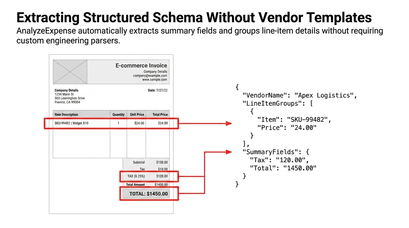 Extracting structured schema without vendor templates showing an e-commerce invoice with line items and totals being mapped to JSON output with vendor name line item groups and summary fields