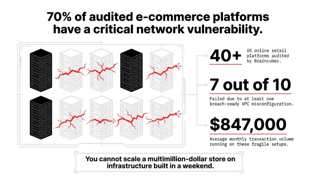 AWS VPC e-commerce audit statistics infographic showing 70 percent of audited platforms have critical network vulnerability, 40 plus US online retail platforms audited by Braincuber, 7 out of 10 failed due to at least one breach-ready VPC misconfiguration, average monthly transaction volume of 847,000 dollars running on fragile setups