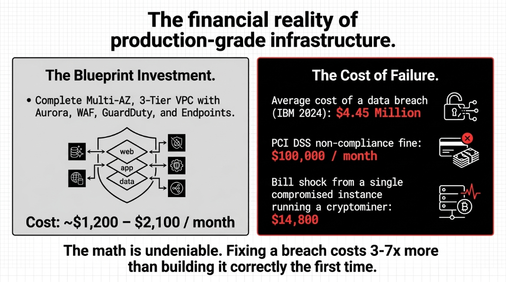 AWS VPC production-grade infrastructure financial comparison showing the blueprint investment of a complete multi-AZ 3-tier VPC with Aurora WAF GuardDuty and endpoints costing 1200 to 2100 dollars per month versus the cost of failure with average data breach at 4.45 million dollars, PCI DSS non-compliance fine at 100,000 dollars per month, and bill shock from a single compromised instance running a cryptominer at 14,800 dollars, with conclusion that fixing a breach costs 3 to 7 times more than building correctly