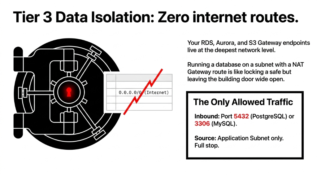 AWS VPC Tier 3 data isolation diagram showing database subnet with zero internet routes, RDS Aurora and S3 Gateway endpoints at deepest network level, route table with 0.0.0.0/0 internet route blocked, only allowed inbound traffic on port 5432 PostgreSQL or 3306 MySQL from application subnet only