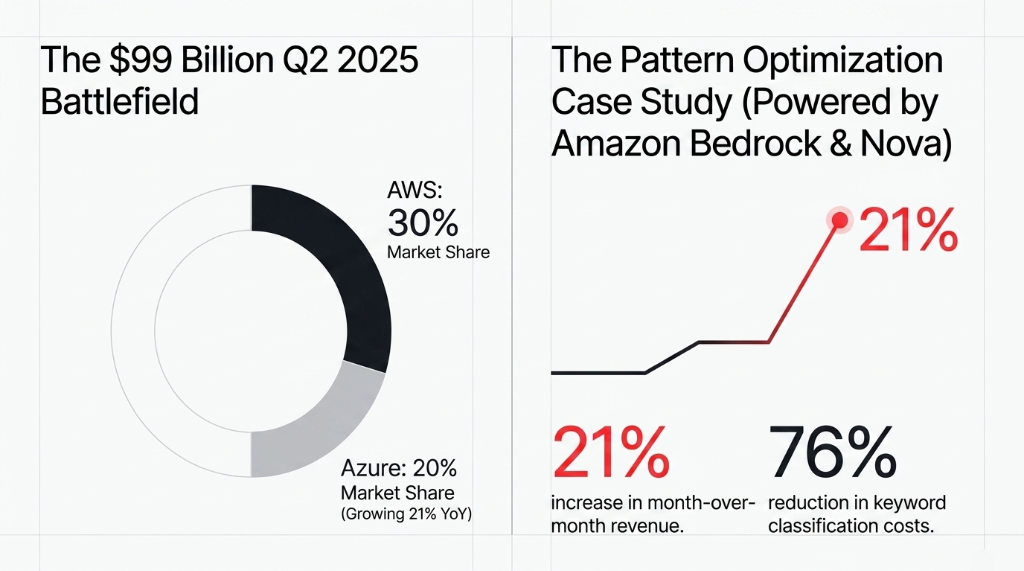 The 99 Billion Q2 2025 Battlefield showing AWS at 30 percent market share and Azure at 20 percent growing 21 percent YoY alongside The Pattern Optimization Case Study powered by Amazon Bedrock and Nova showing 21 percent increase in month-over-month revenue and 76 percent reduction in keyword classification costs