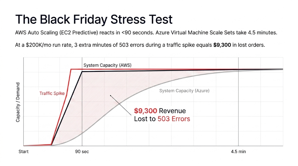 The Black Friday Stress Test showing AWS Auto Scaling EC2 Predictive reacting in under 90 seconds versus Azure Virtual Machine Scale Sets taking 4.5 minutes with traffic spike capacity demand graph showing System Capacity AWS reaching full capacity while Azure lags behind resulting in 9300 dollars revenue lost to 503 errors at a 200K per month run rate