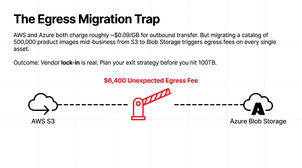The Egress Migration Trap showing AWS and Azure both charging roughly 0.09 dollars per GB for outbound transfer but migrating a catalog of 500000 product images mid-business from S3 to Blob Storage triggers egress fees on every single asset resulting in 6400 dollars unexpected egress fee with vendor lock-in being real and planning exit strategy before hitting 100TB