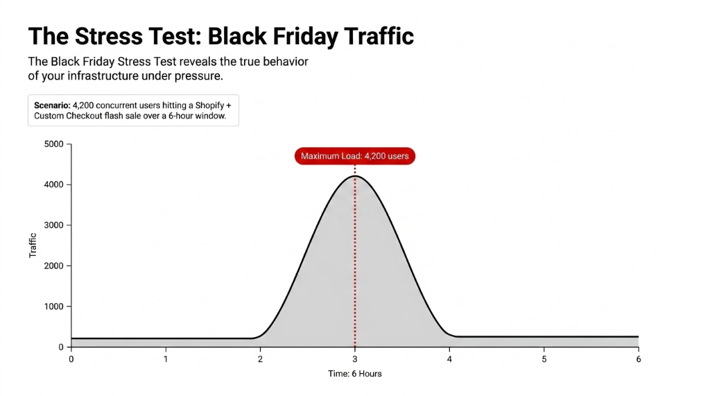 The Stress Test Black Friday Traffic revealing true behavior of infrastructure under pressure with scenario of 4200 concurrent users hitting a Shopify plus Custom Checkout flash sale over a 6-hour window showing traffic spike from 0 to maximum load of 4200 users at hour 3 then dropping back down with AWS costing 2340 dollars versus GCP at 1670 dollars for the same 6-hour spike window