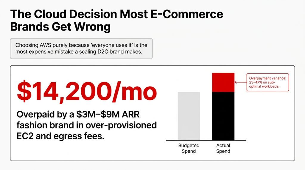 The Cloud Decision Most E-Commerce Brands Get Wrong showing choosing AWS purely because everyone uses it is the most expensive mistake a scaling D2C brand makes with 14200 dollars per month overpaid by a 3M to 9M ARR fashion brand in over-provisioned EC2 and egress fees with overpayment variance of 23 to 47 percent on sub-optimal workloads