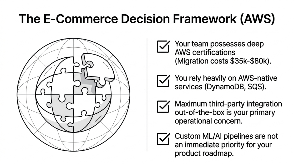 The E-Commerce Decision Framework for AWS showing choose AWS if your team possesses deep AWS certifications with migration costs 35k to 80k you rely heavily on AWS-native services like DynamoDB and SQS maximum third-party integration out-of-the-box is your primary operational concern and custom ML AI pipelines are not an immediate priority for your product roadmap