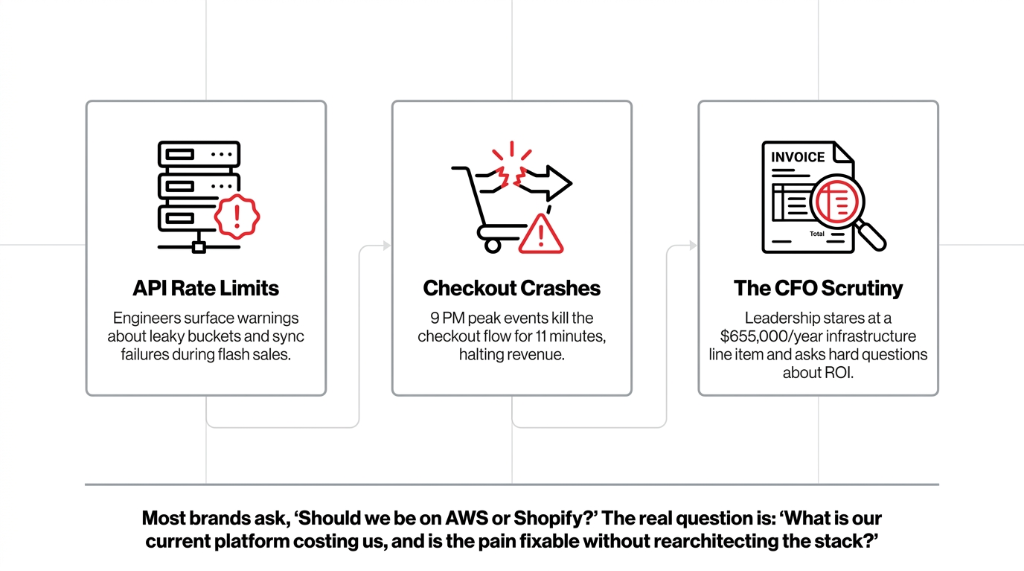 Three platform pain points showing API Rate Limits with engineers surfacing warnings about leaky buckets and sync failures during flash sales then Checkout Crashes with 9 PM peak events killing checkout flow for 11 minutes halting revenue then The CFO Scrutiny with leadership staring at a 655000 dollar per year infrastructure line item asking hard questions about ROI and the real question being What is our current platform costing us and is the pain fixable without rearchitecting the stack