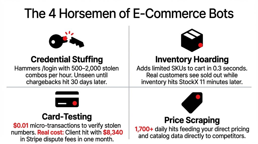 The 4 horsemen of e-commerce bots infographic showing credential stuffing hammering login with 500 to 2000 stolen combos per hour inventory hoarding adding limited SKUs to cart in 0.3 seconds card testing running micro-transactions costing $8340 in Stripe dispute fees and price scraping hitting catalog 1700 times per day
