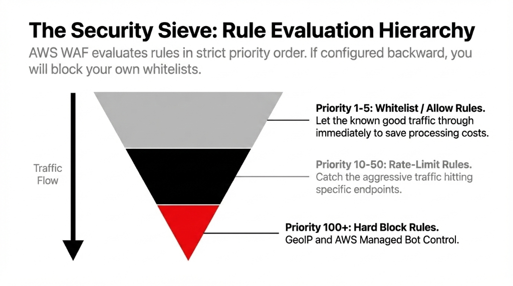AWS WAF rule evaluation hierarchy diagram showing the security sieve with priority 1-5 whitelist and allow rules at the top letting known good traffic through immediately priority 10-50 rate-limit rules catching aggressive traffic hitting specific endpoints and priority 100 plus hard block rules for GeoIP and AWS managed bot control
