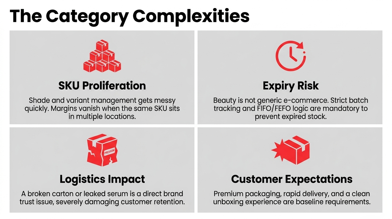 Four category complexities: SKU Proliferation with shade and variant management challenges, Expiry Risk requiring strict batch tracking and FIFO/FEFO logic, Logistics Impact showing broken cartons as brand trust issues, and Customer Expectations for premium packaging and rapid delivery