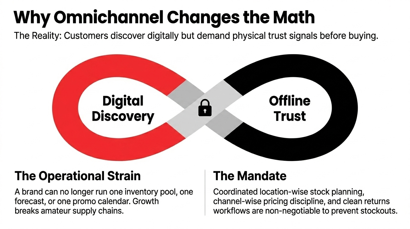 Infinity loop diagram showing Digital Discovery in red connecting to Offline Trust in black, illustrating why omnichannel requires coordinated location-wise stock planning, channel-wise pricing discipline, and clean returns workflows to prevent stockouts