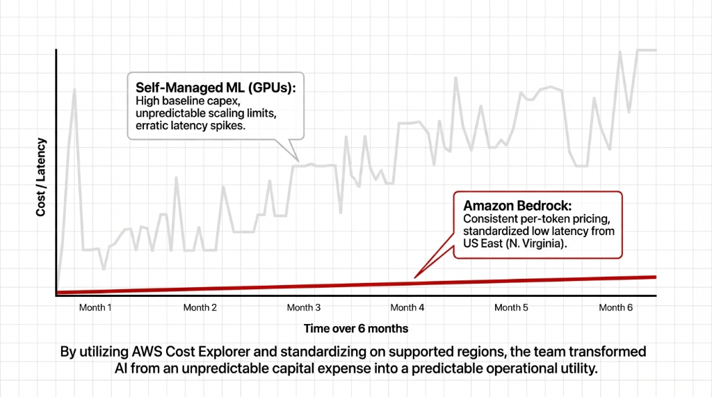 Cost and Latency comparison chart over 6 months. A gray erratic line labeled Self-Managed ML (GPUs) shows high baseline capex, unpredictable scaling limits, and erratic latency spikes increasing over time. A steady low red line labeled Amazon Bedrock shows consistent per-token pricing and standardized low latency from US East (N. Virginia). By utilizing AWS Cost Explorer and standardizing on supported regions, the team transformed AI from an unpredictable capital expense into a predictable operational utility.