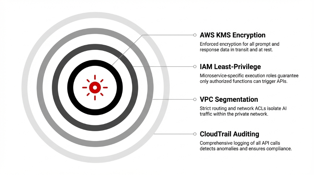 Security bullseye diagram with four concentric rings. Center: a red icon. First ring: AWS KMS Encryption &mdash; Enforced encryption for all prompt and response data in transit and at rest. Second ring: IAM Least-Privilege &mdash; Microservice-specific execution roles guarantee only authorized functions can trigger APIs. Third ring: VPC Segmentation &mdash; Strict routing and network ACLs isolate AI traffic within the private network. Outer ring: CloudTrail Auditing &mdash; Comprehensive logging of all API calls detects anomalies and ensures compliance.