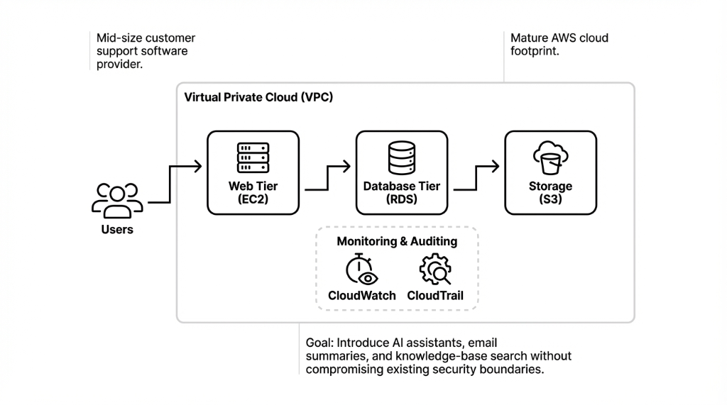 Mid-size customer support software provider with a mature AWS cloud footprint. Architecture diagram showing a Virtual Private Cloud (VPC) containing Users connecting to Web Tier (EC2), then Database Tier (RDS), then Storage (S3). Below the main flow is a Monitoring and Auditing section with CloudWatch and CloudTrail icons. Goal: Introduce AI assistants, email summaries, and knowledge-base search without compromising existing security boundaries.