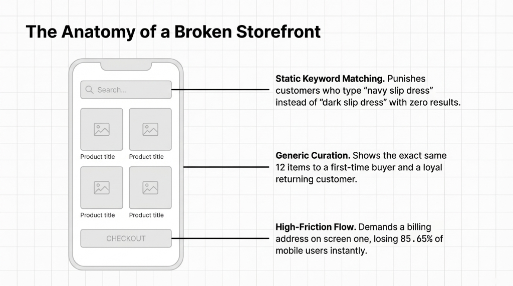 Anatomy of a broken storefront: static keyword matching, generic curation down to a high-friction flow