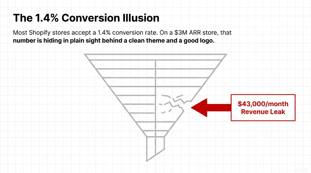 The 1.4 percent conversion illusion funnel showing a $43k per month revenue leak