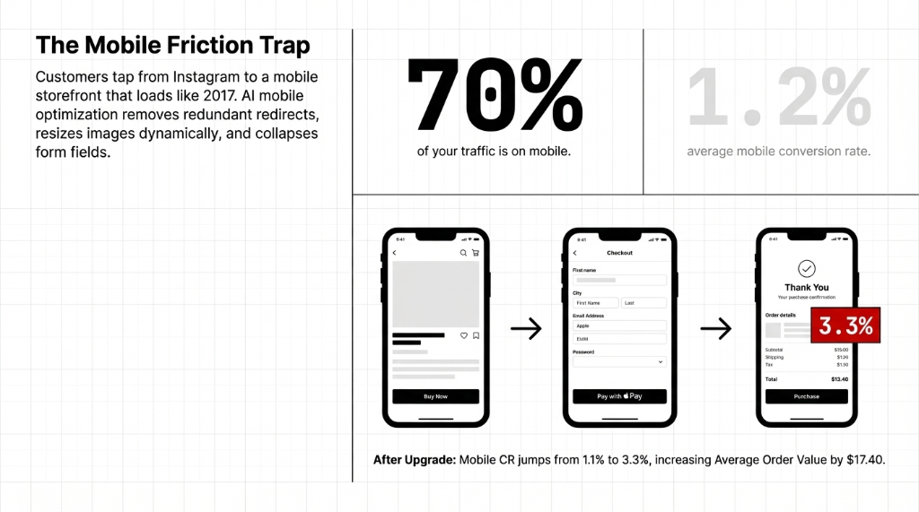 The Mobile Friction Trap: 70 percent of traffic is mobile, but only converting at 1.2 percent until redundant form fields and load times are fixed