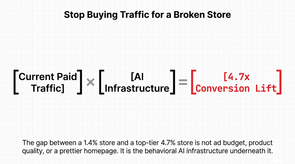 Stop buying traffic for a broken store: Current Paid Traffic times AI infrastructure equals 4.7x Conversion Lift