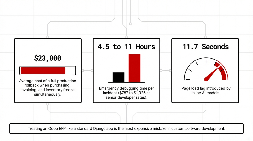 The real cost of bad Python dependency management in Odoo — three metrics showing $23,000 average cost of a full production rollback when purchasing invoicing and inventory freeze simultaneously, 4.5 to 11 Hours emergency debugging time per incident at $787 to $1,925 at senior developer rates, and 11.7 Seconds page load lag introduced by inline AI models, with the warning that treating an Odoo ERP like a standard Django app is the most expensive mistake in custom software development