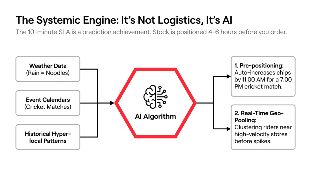 The Systemic Engine Its Not Logistics Its AI - Weather data event calendars and historical hyper-local patterns feeding AI algorithm for pre-positioning stock by 11 AM for 7 PM cricket matches and real-time geo-pooling clustering riders near high-velocity stores before demand spikes