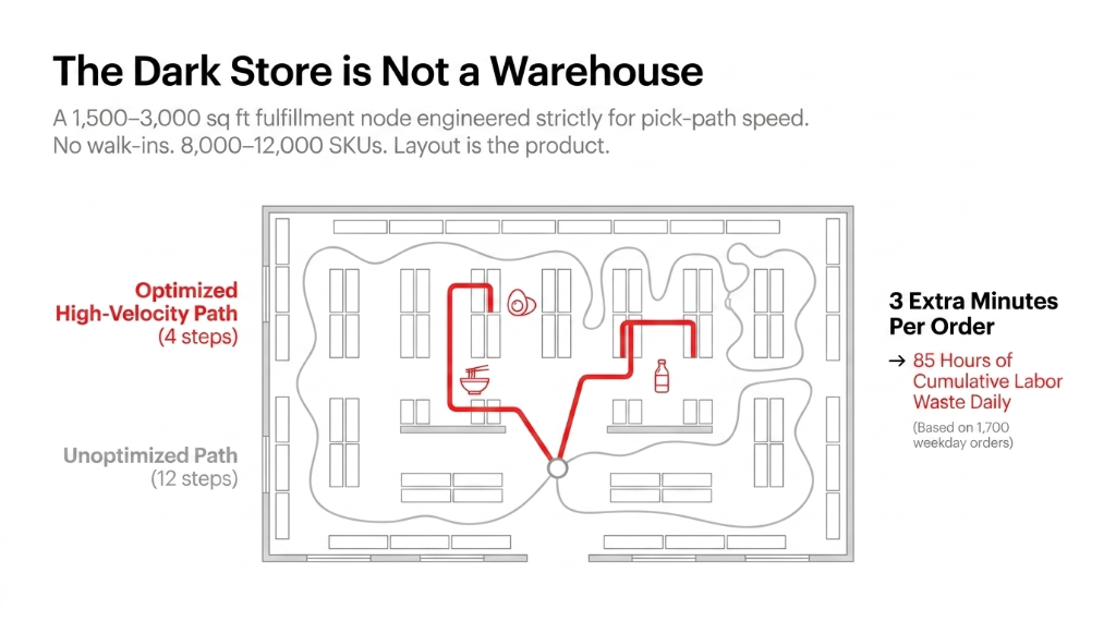 The Dark Store Is Not a Warehouse - A 1500 to 3000 sq ft fulfillment node engineered strictly for pick-path speed with optimized high-velocity path of 4 steps versus unoptimized path of 12 steps costing 3 extra minutes per order and 85 hours of cumulative labor waste daily based on 1700 weekday orders