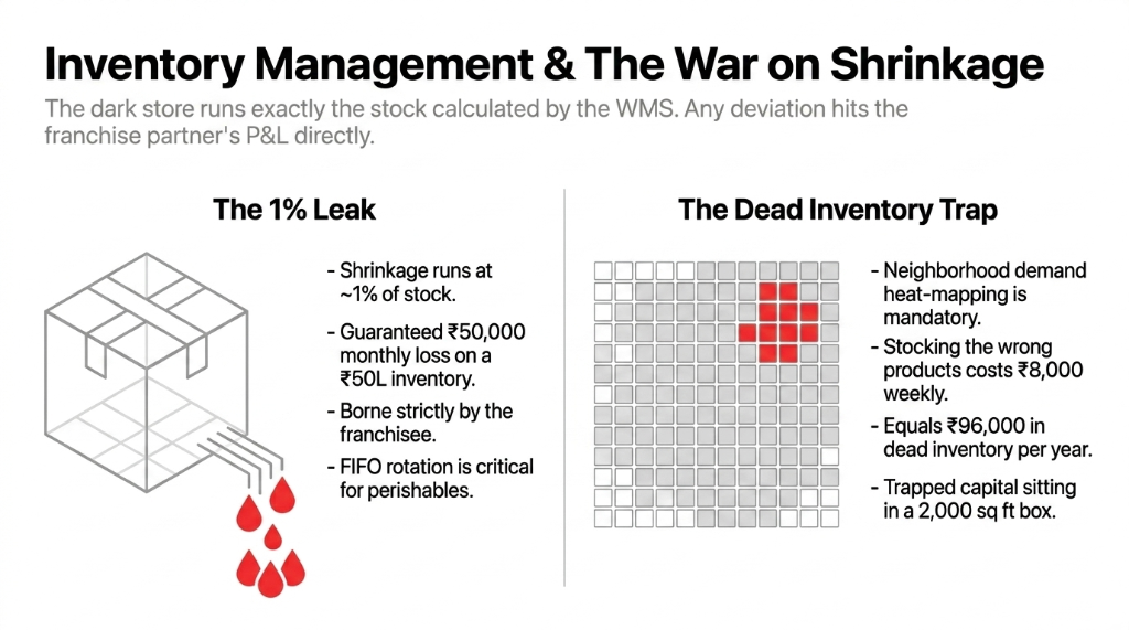 Inventory Management and The War on Shrinkage - The 1 percent leak showing 50000 rupee monthly loss on 50 lakh inventory borne by franchisee with FIFO rotation critical for perishables and the dead inventory trap where stocking wrong products costs 8000 rupees weekly equaling 96000 rupees annual trapped capital