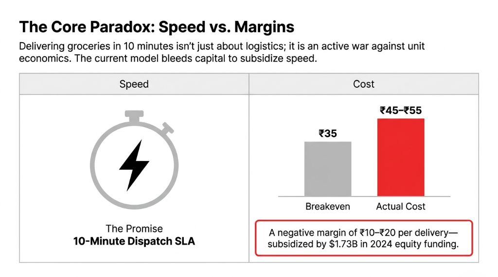 The Core Paradox Speed vs Margins - 10-minute dispatch SLA promise versus actual delivery cost of 45 to 55 rupees against breakeven of 35 rupees showing negative margin of 10 to 20 rupees per delivery subsidized by 1.73 billion dollars in 2024 equity funding