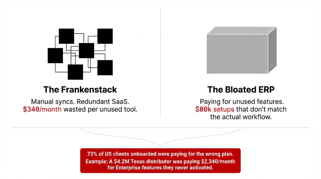 The Frankenstack vs The Bloated ERP showing manual syncs with $340/month wasted per unused tool on the left and $80k setups that do not match actual workflows on the right, with a red banner showing 73% of US clients onboarded were paying for the wrong plan and a $4.2M Texas distributor was paying $2,340/month for Enterprise features they never activated
