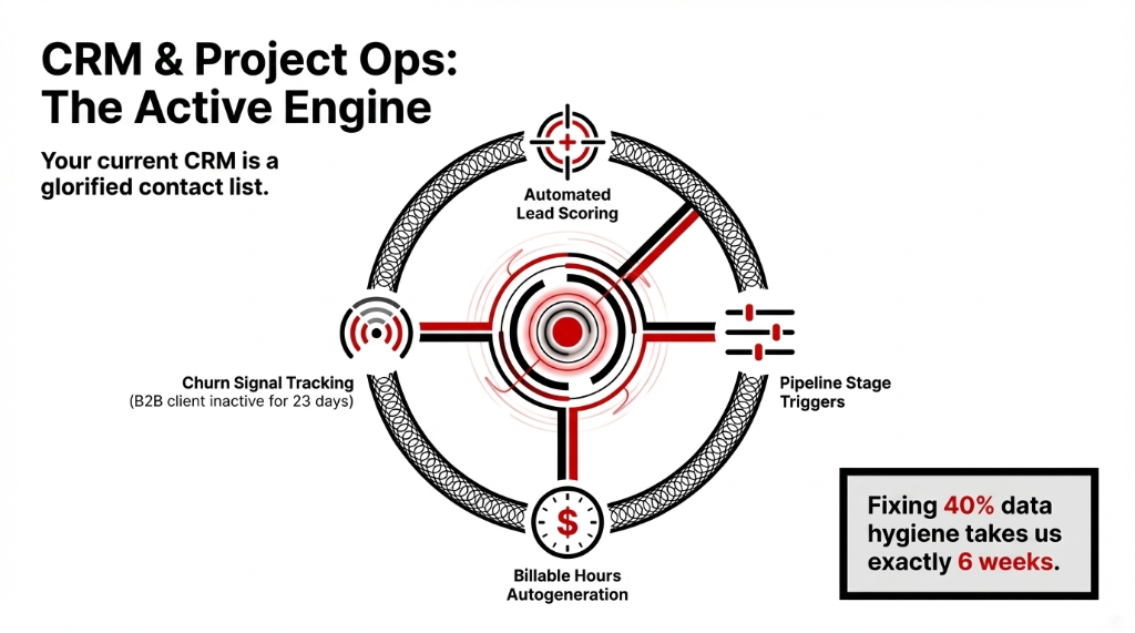 CRM and Project Ops: The Active Engine. Shows automated lead scoring, pipeline stage triggers, churn signal tracking for B2B clients inactive for 23 days, and billable hours autogeneration. Fixing 40 percent data hygiene takes exactly 6 weeks.