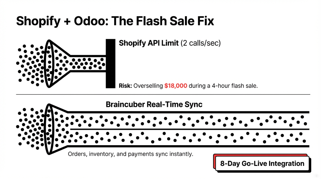 Shopify plus Odoo: The Flash Sale Fix. Shows Shopify API limit of 2 calls per second causing $18,000 in overselling risk versus Braincuber real-time sync with 8-day go-live integration.
