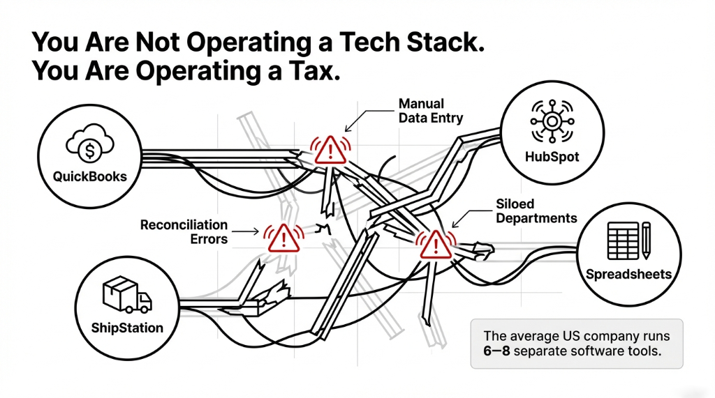You are not operating a tech stack. You are operating a tax. Diagram showing tangled connections between QuickBooks, HubSpot, ShipStation, and Spreadsheets with reconciliation errors and manual data entry.