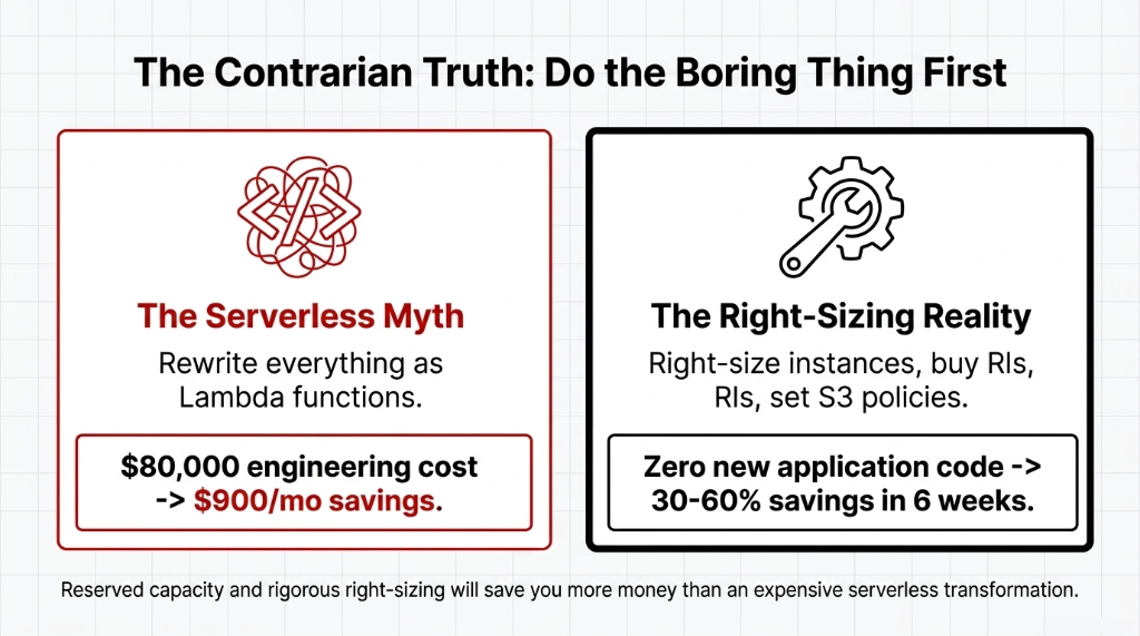 The Contrarian Truth Do the Boring Thing First - The Serverless Myth rewrite everything as Lambda functions $80,000 engineering cost for $900 per month savings versus The Right-Sizing Reality right-size instances buy RIs set S3 policies zero new application code 30-60% savings in 6 weeks