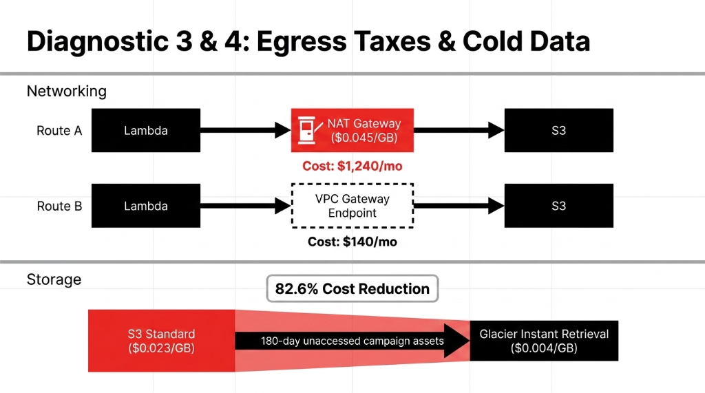 Diagnostic 3 and 4 Egress Taxes and Cold Data - NAT Gateway at $0.045 per GB costing $1,240 per month versus VPC Gateway Endpoint at $140 per month - S3 Standard at $0.023 per GB with 180-day unaccessed campaign assets moving to Glacier Instant Retrieval at $0.004 per GB achieving 82.6% cost reduction