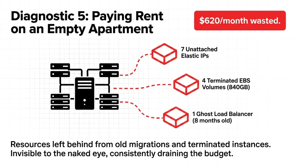 Diagnostic 5 Paying Rent on an Empty Apartment - 7 unattached Elastic IPs 4 terminated EBS volumes 840GB 1 ghost load balancer 8 months old - $620 per month wasted on resources left behind from old migrations invisible to the naked eye consistently draining the budget