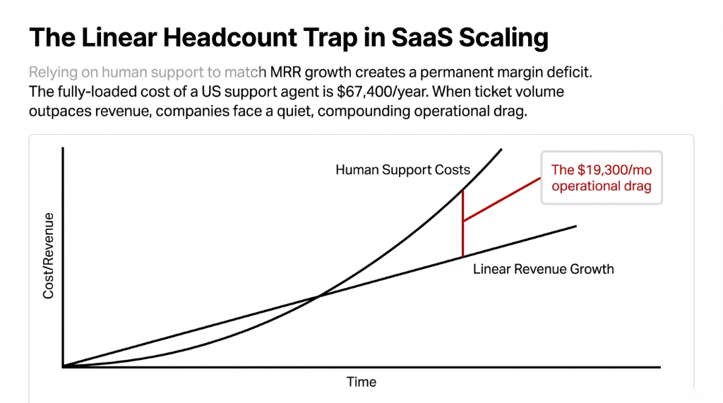 The Linear Headcount Trap in SaaS Scaling: Human Support Costs curve outpacing Linear Revenue Growth, creating $19,300/mo operational drag. The fully-loaded cost of a US support agent is $67,400/year. When ticket volume outpaces revenue, companies face a quiet, compounding operational drag.