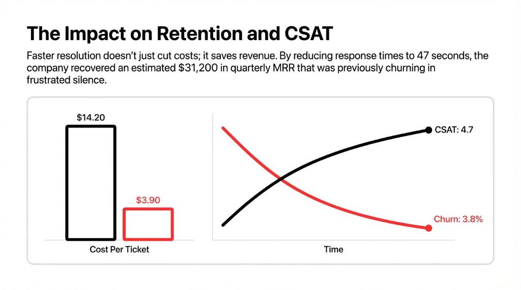 The Impact on Retention and CSAT: Cost per ticket dropped from $14.20 to $3.90. CSAT improved to 4.7. Churn fell to 3.8%. By reducing response times to 47 seconds, the company recovered an estimated $31,200 in quarterly MRR that was previously churning in frustrated silence.