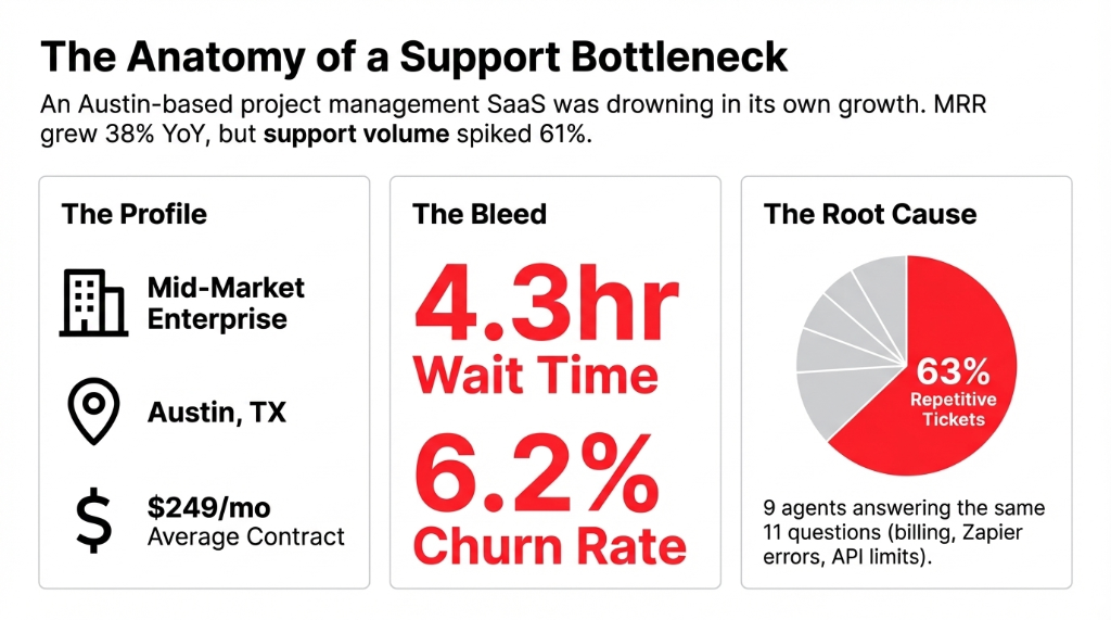 The Anatomy of a Support Bottleneck: Austin-based project management SaaS grew MRR 38% YoY but support volume spiked 61%. Profile: Mid-Market Enterprise, Austin TX, $249/mo average contract. The Bleed: 4.3hr wait time, 6.2% churn rate. Root Cause: 63% repetitive tickets — 9 agents answering the same 11 questions.