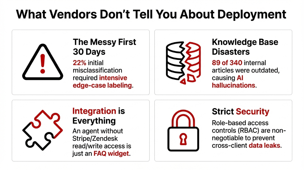 What Vendors Don't Tell You About Deployment: The Messy First 30 Days (22% initial misclassification required intensive edge-case labeling), Knowledge Base Disasters (89 of 340 internal articles were outdated causing AI hallucinations), Integration is Everything (an agent without Stripe/Zendesk read/write access is just an FAQ widget), Strict Security (RBAC is non-negotiable to prevent cross-client data leaks).