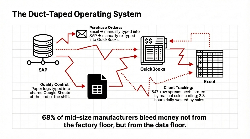 The Duct-Taped Operating System. SAP, QuickBooks, and Excel connected by broken data flows. Purchase Orders manually typed from email into SAP then re-typed into QuickBooks. Quality Control logs typed from paper into Google Sheets at end of shift. Client Tracking via 847-row spreadsheets sorted by color-coding with 2.3 hours daily wasted by sales. 68% of mid-size manufacturers bleed money not from the factory floor but from the data floor.