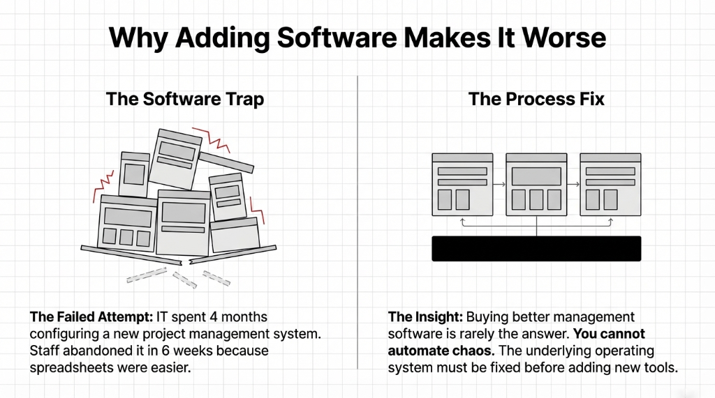 Why Adding Software Makes It Worse. Left: The Software Trap — IT spent 4 months configuring a new project management system, staff abandoned it in 6 weeks because spreadsheets were easier. Right: The Process Fix — Buying better management software is rarely the answer, you cannot automate chaos, the underlying operating system must be fixed before adding new tools.